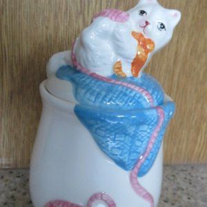 PMC White Cat with Wool SUGAR Bowl Vintage (F9)